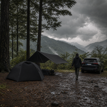 雷雨接近山區營地時露營者由 Helinox 風格帳篷走向封閉車輛