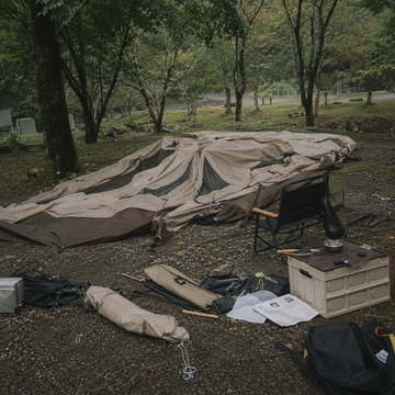 新手露營時大型帳篷半搭不搭地攤在營位上，營柱、營繩與裝備散落一地，呈現買錯帳篷或搭設太複雜的狼狽場景。