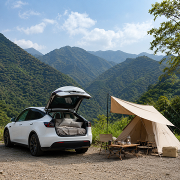 Tesla Model Y 停在山區露營地旁，搭配帳篷、天幕與露營桌，呈現電動車露營與車宿休息情境