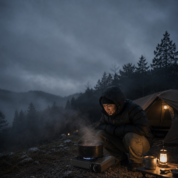 拉拉山低溫露營夜晚，露營者使用卡式爐煮薑母鴨，微弱火焰被山風吹斜