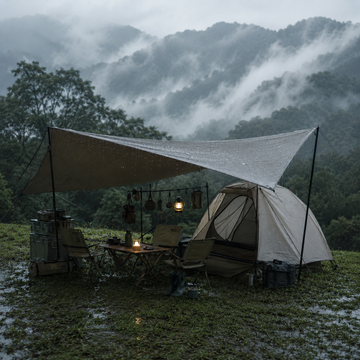 台灣山區雨天露營場景，帳篷與天幕搭設在濕潤草地上，背景有霧氣繚繞的山林。