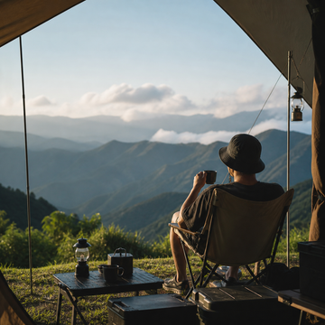 在高海拔營地看山景放鬆的露營畫面，夏天依然涼爽舒適